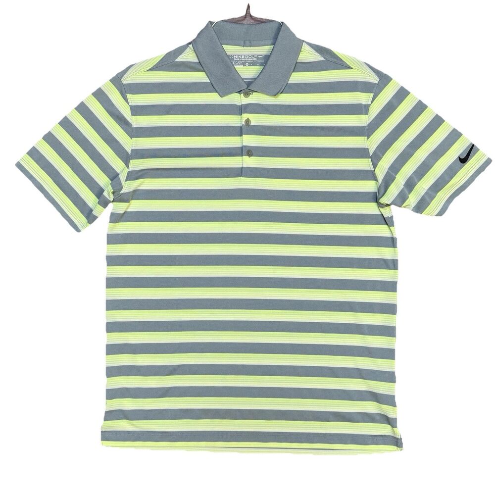 Nike Golf Polo Men’s M Dri Fit Gray Fluorescent Yellow Stripe Tour Performance